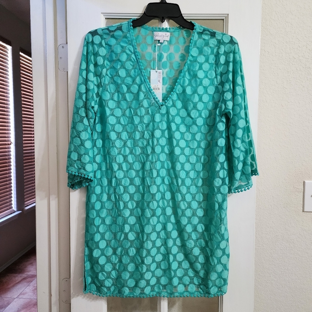 NWT Mud Pie Beach Tunic Cover Up L Teal Polka Dot Mesh Sheer Swim Coverup Pom
